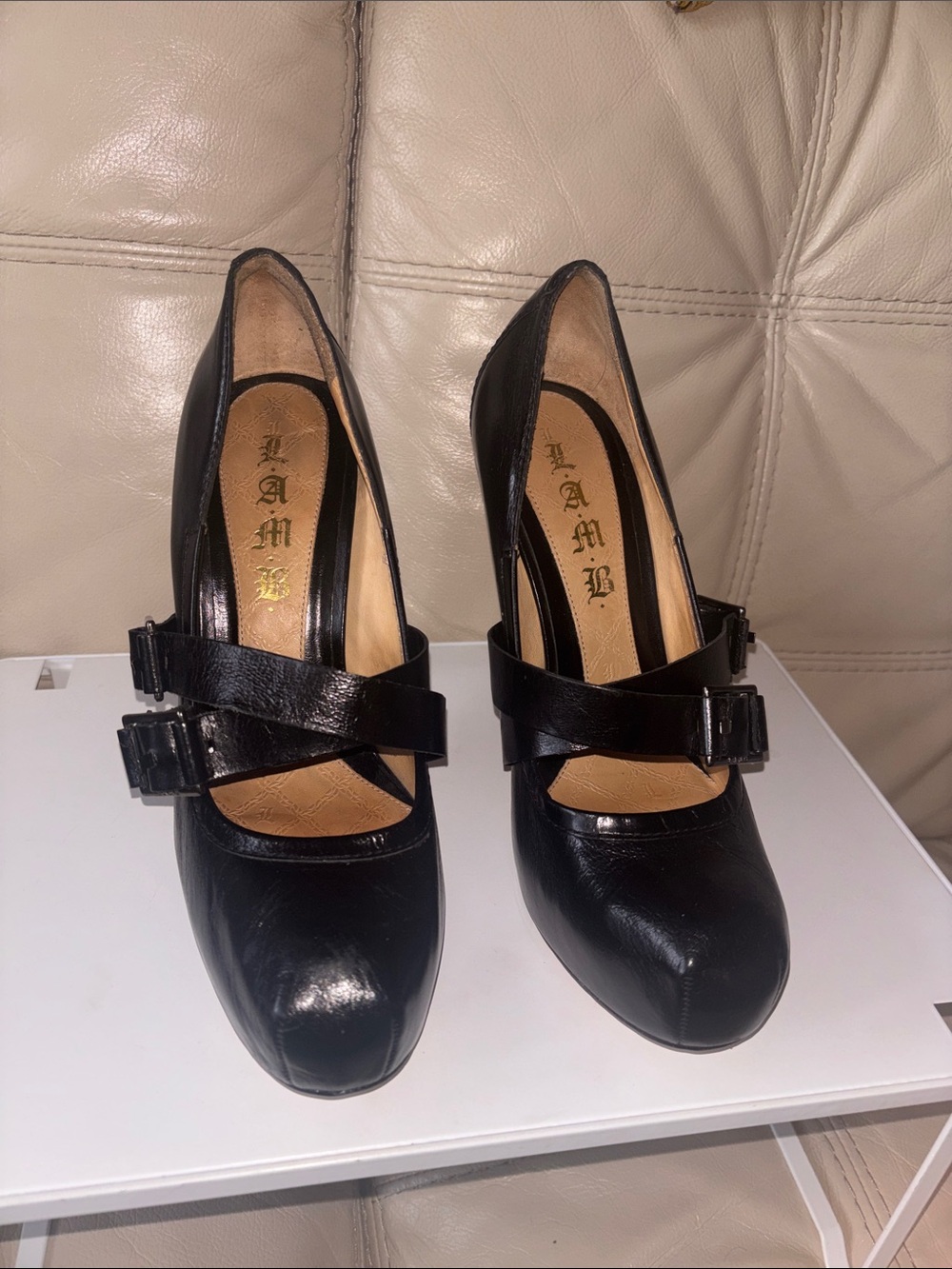 L.A.M.B. Black Leather Buckle Strap Pumps